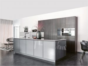 modern kitchen design with grey island and grey wood wall cabinets